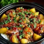 Delicious Sweet Hawaiian Crockpot Chicken served with pineapple and vegetables
