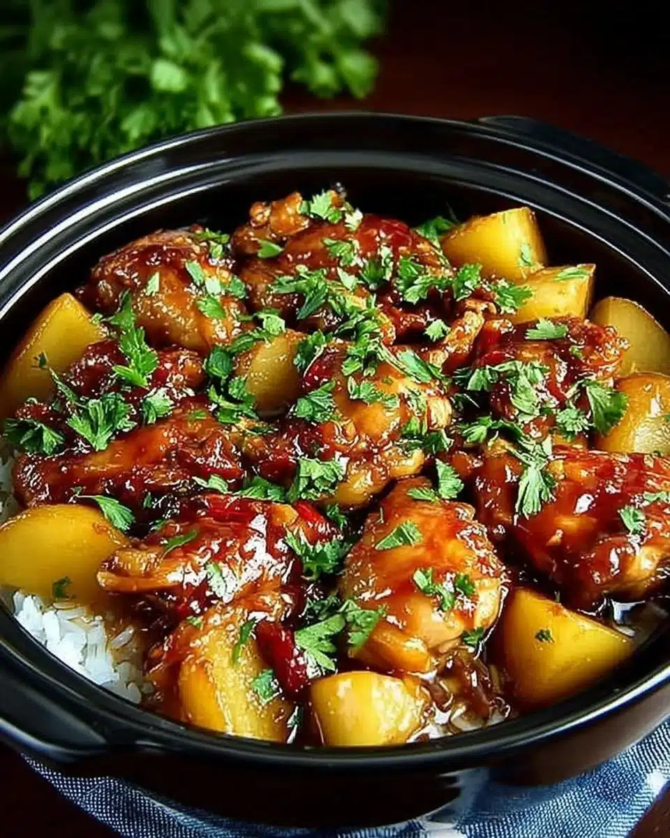 Delicious Sweet Hawaiian Crockpot Chicken served with pineapple and vegetables