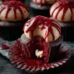 Vampire bite Halloween cupcakes with red icing and chocolate details.