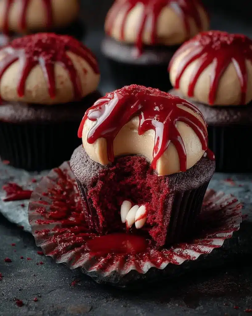 Vampire bite Halloween cupcakes with red icing and chocolate details.