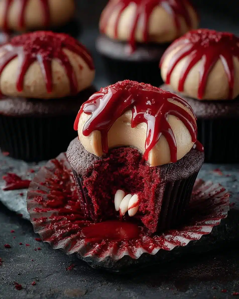Vampire bite Halloween cupcakes with red icing and chocolate details.