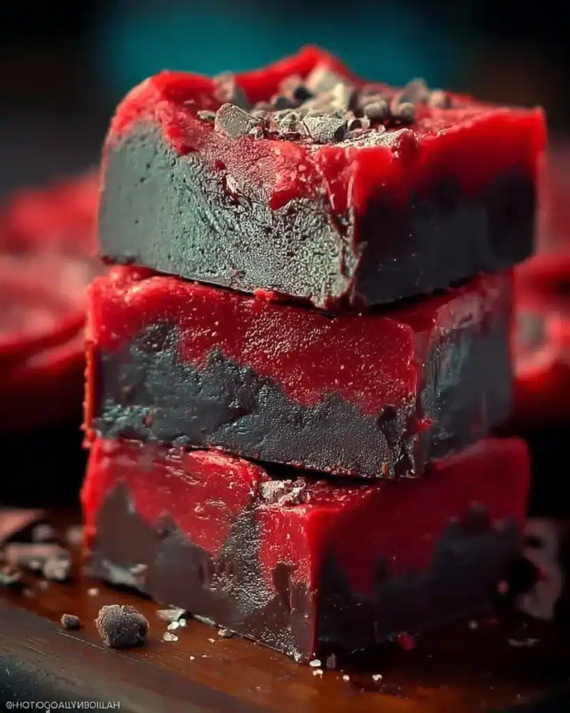 A spooky batch of homemade vampire fudge in Halloween-themed packaging.