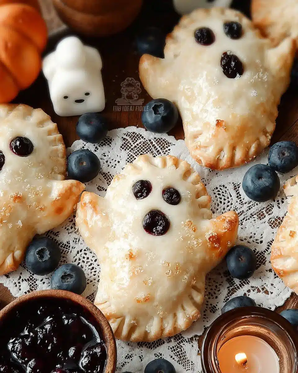 Vegan blueberry ghost hand pies arranged on a plate, showcasing their flaky crust and filling.