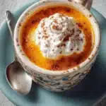 Warm pumpkin spice drink in a cozy setting with autumn decorations