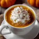 Warm pumpkin spice drink in a cozy mug with cinnamon and whipped cream on top.