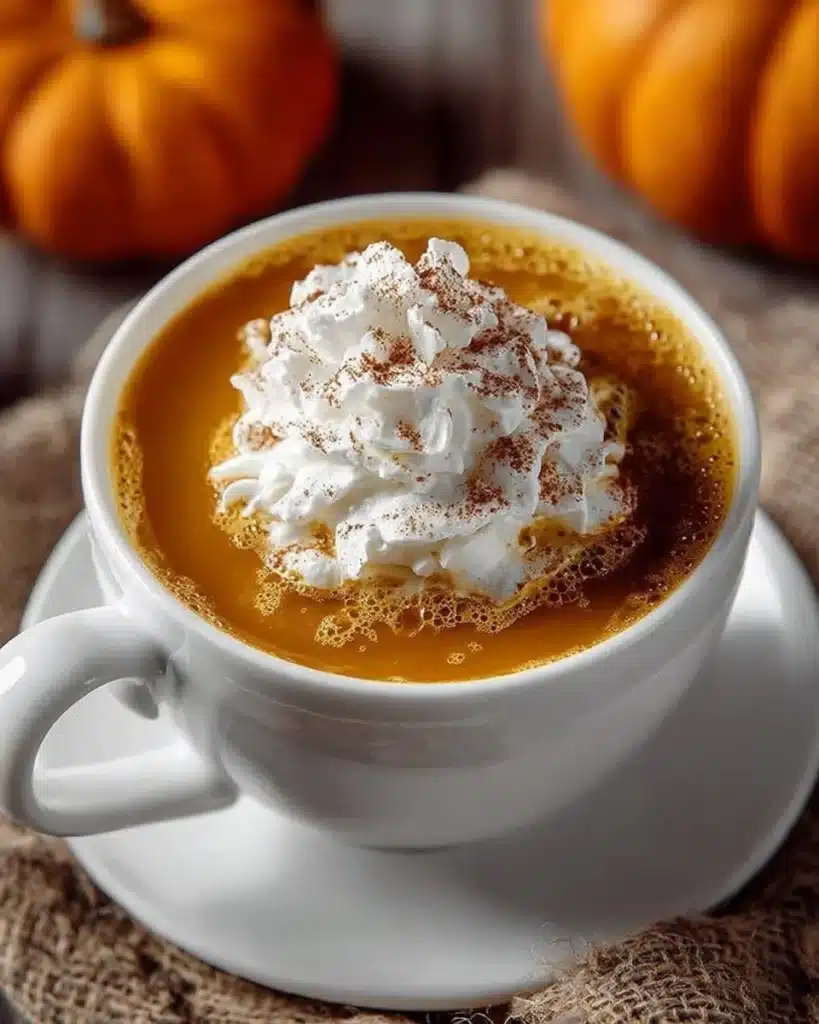 Warm pumpkin spice drink in a cozy mug with cinnamon and whipped cream on top.