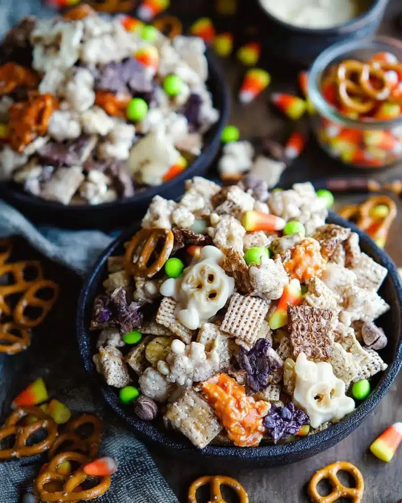 White Chocolate Halloween Snack Mix with festive candies and snacks