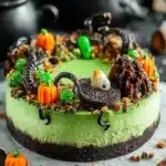 Witch's Cauldron Cheesecake featuring spooky decorations and rich flavors