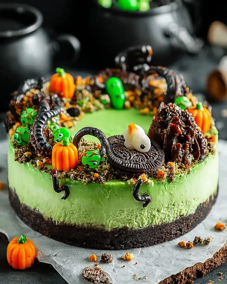 Witch's Cauldron Cheesecake featuring spooky decorations and rich flavors