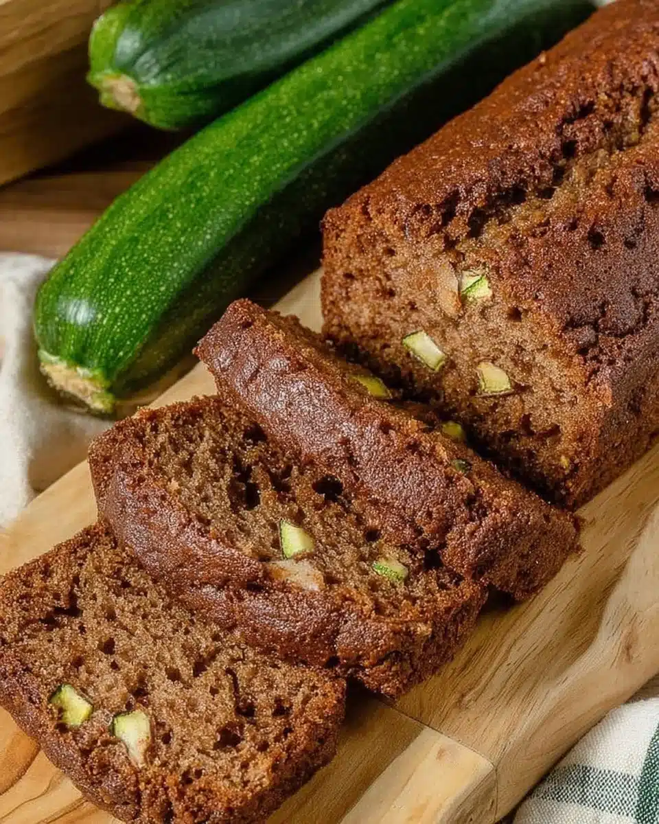 Moist zucchini bread loaf with fresh herbs and spices on a wooden table