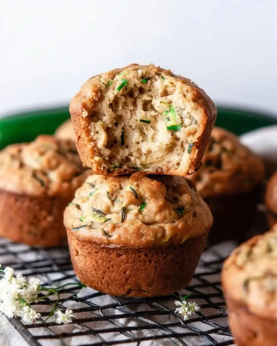 Freshly baked zucchini muffins on a rustic wooden table.