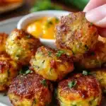 Crispy zucchini tots served on a plate with dipping sauce.