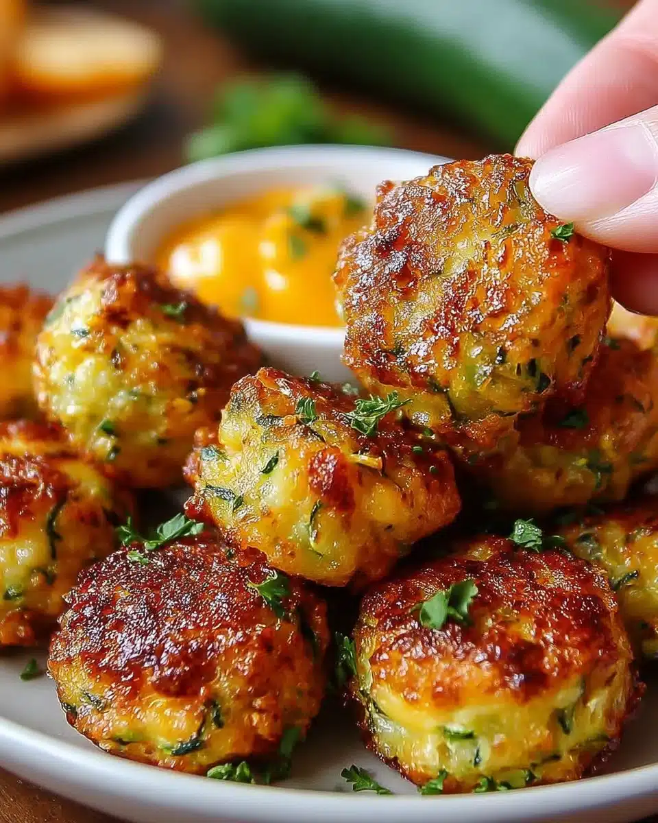 Crispy zucchini tots served on a plate with dipping sauce.