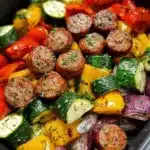 10-minute air fryer chicken sausage with mixed veggies in a bowl