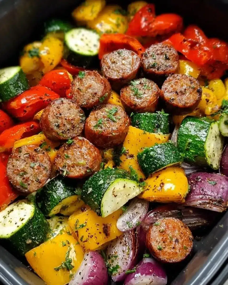 10-minute air fryer chicken sausage with mixed veggies in a bowl