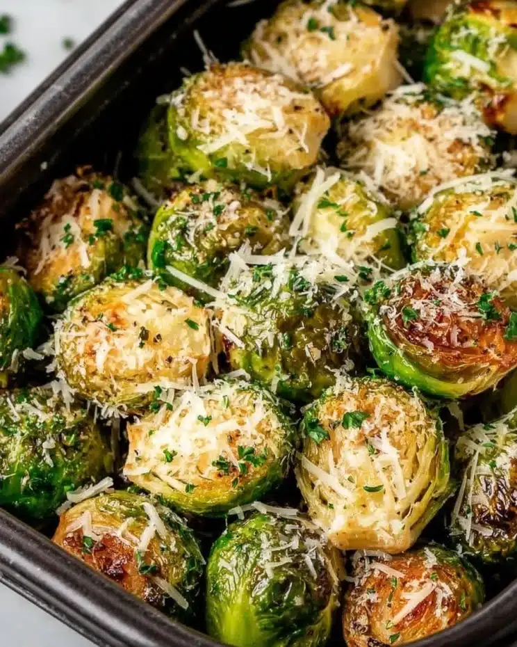 Crispy Air Fryer Brussels Sprouts sprinkled with Parmesan cheese.