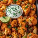 Crispy air fried buffalo cauliflower bites served in a bowl