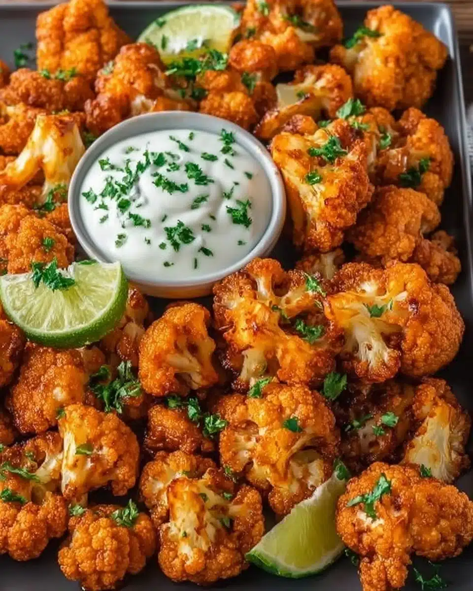 Crispy air fried buffalo cauliflower bites served in a bowl