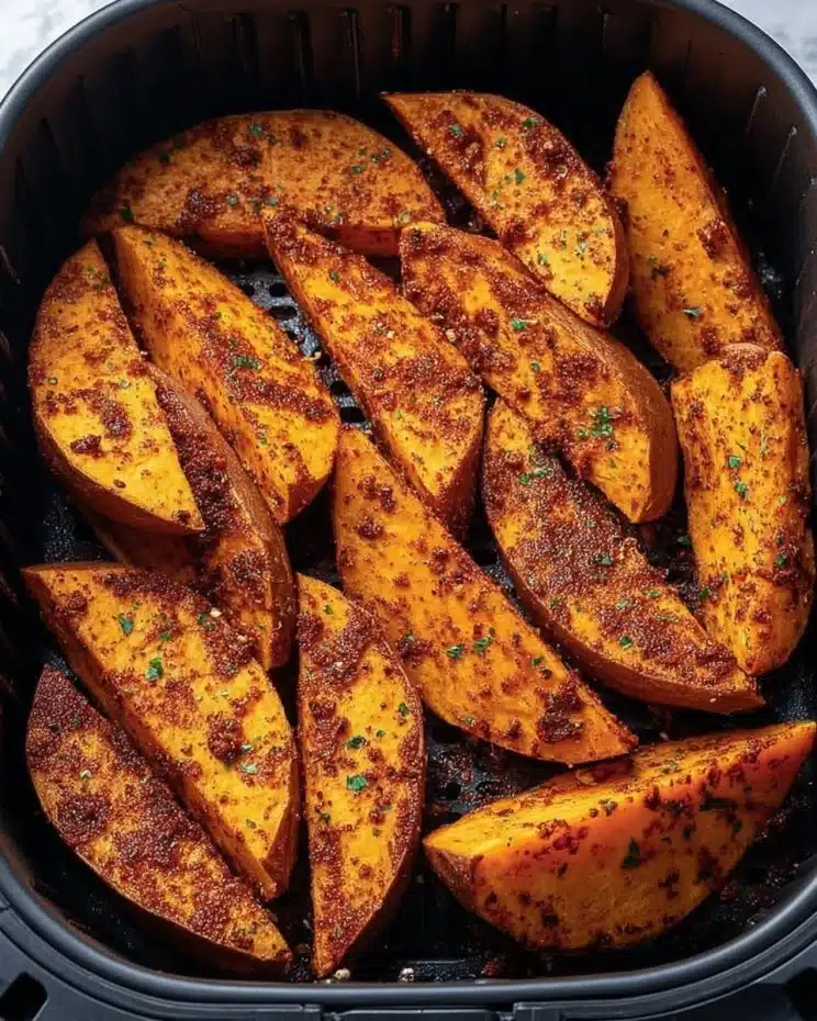 Air fryer cajun sweet potato wedges on a plate