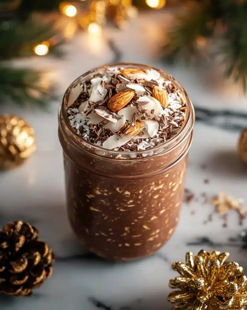 Bowl of delicious Almond Joy Overnight Oats topped with almonds and chocolate.
