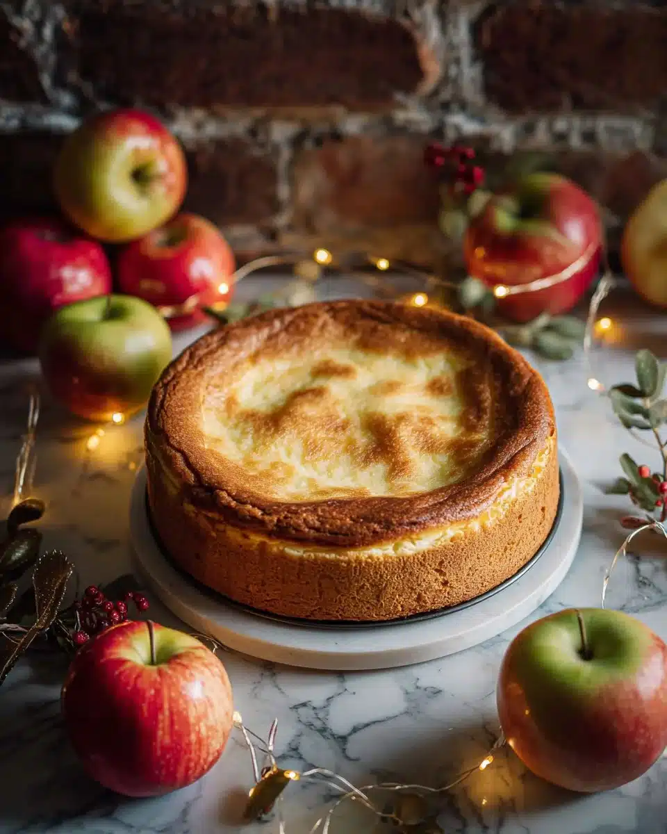 Slice of apple cinnamon cheesecake topped with fresh apples and cinnamon