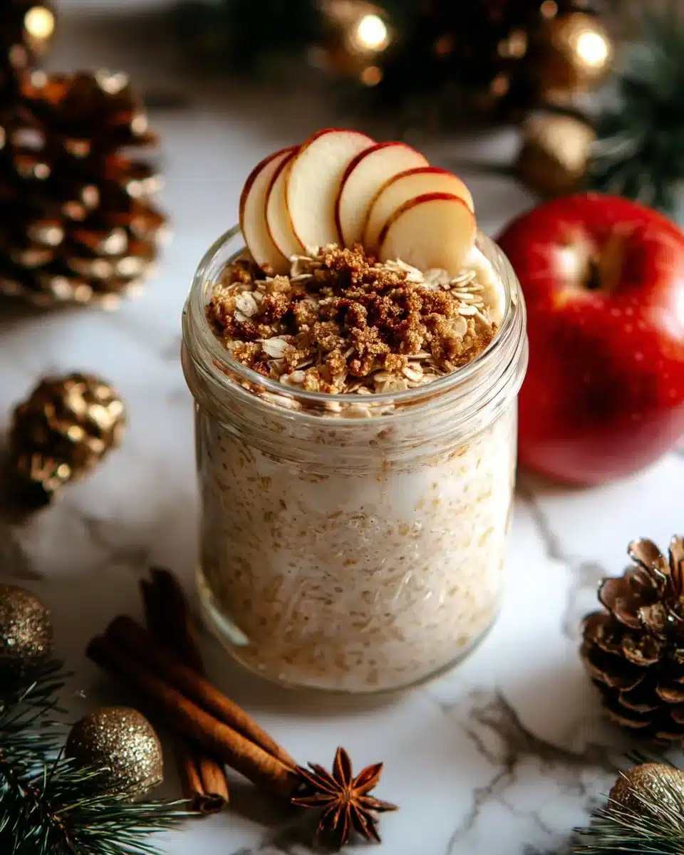 Bowl of apple pie overnight oats topped with apple slices and cinnamon