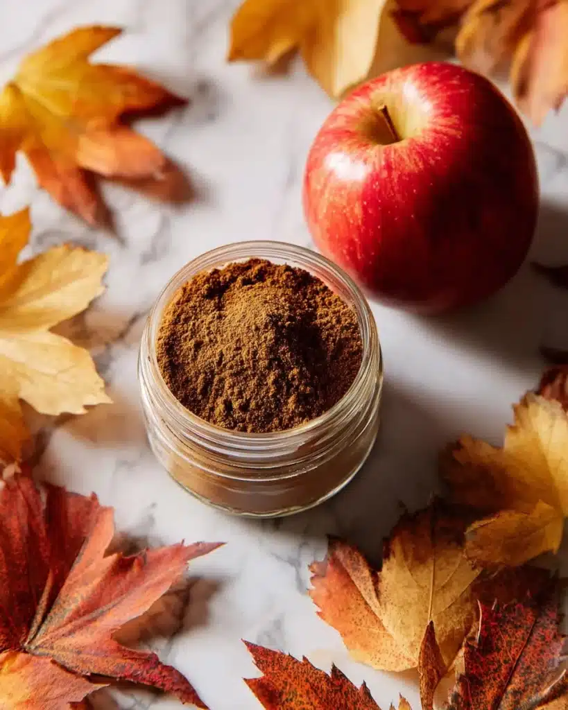 A jar of homemade Apple Pie Spice Mix surrounded by apples and cinnamon sticks.