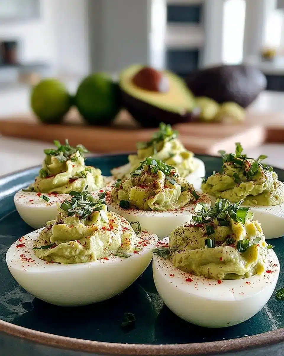 Plate of avocado deviled eggs garnished with herbs and spices