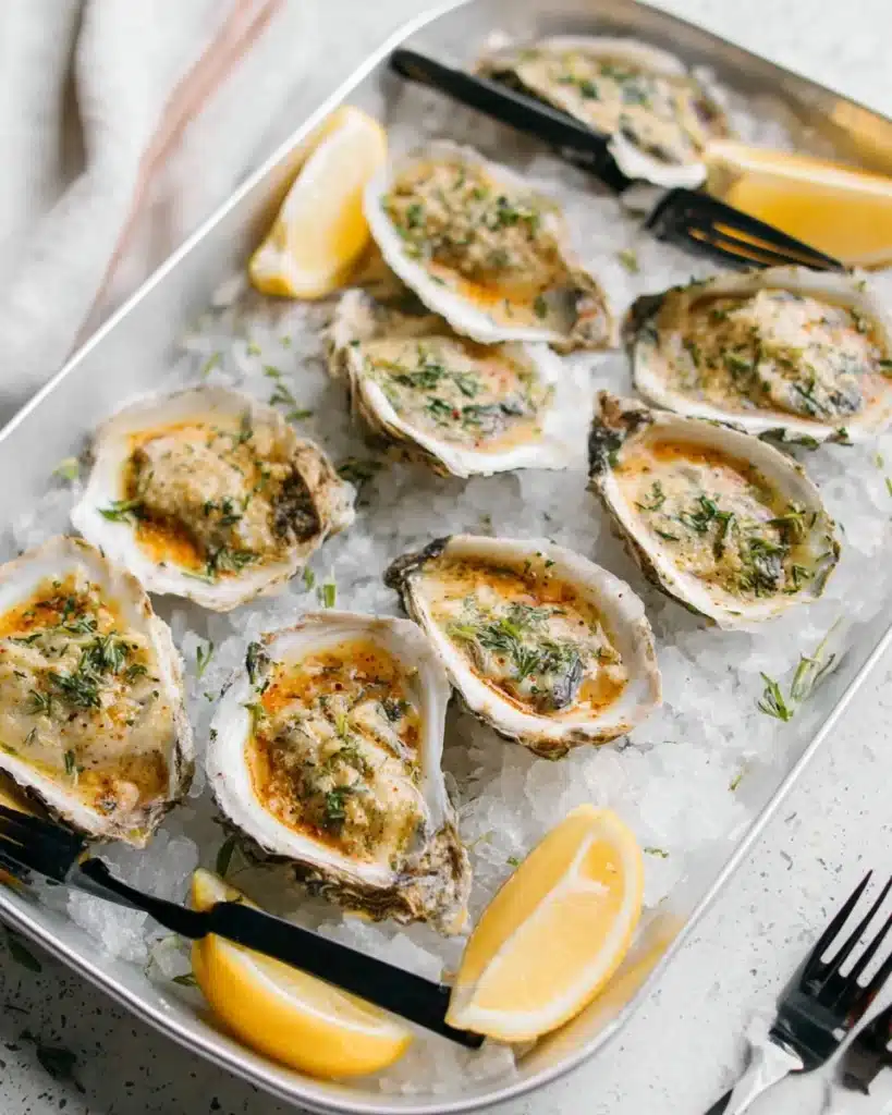 Delicious baked oysters topped with breadcrumbs and herbs