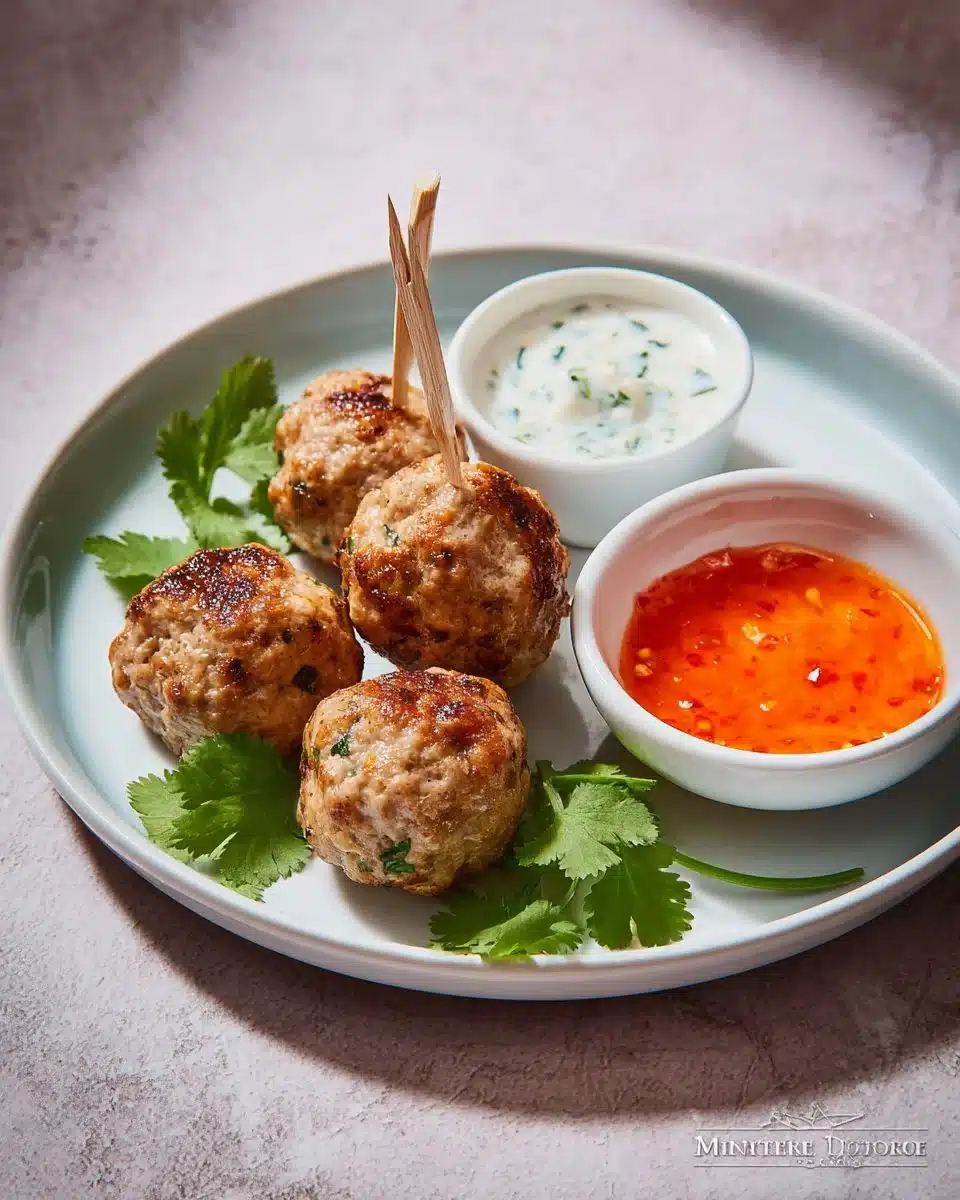 Baked Thai turkey meatballs garnished with cilantro and served with dipping sauce