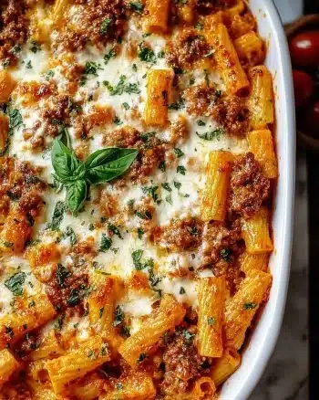 Baked ziti with sausage and ricotta, a hearty Italian casserole dish