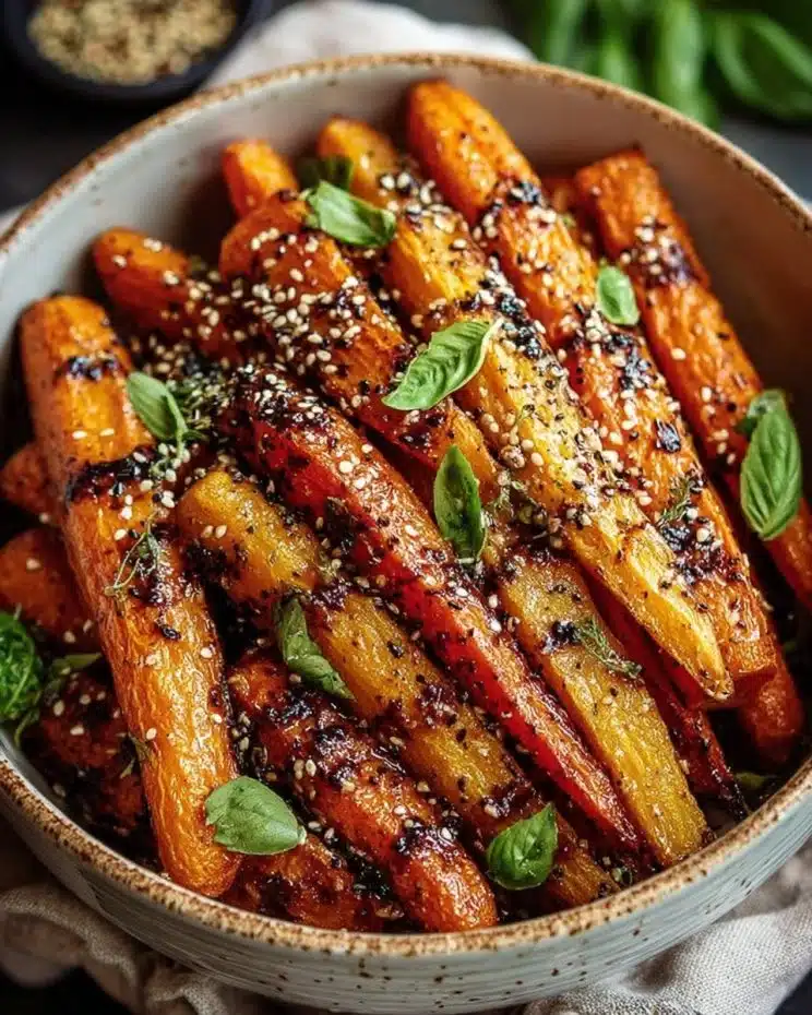 Balsamic roasted carrots garnished with herbs on a plate