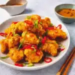 Delicious Bang Bang Chicken served with a spicy sauce and fresh vegetables.