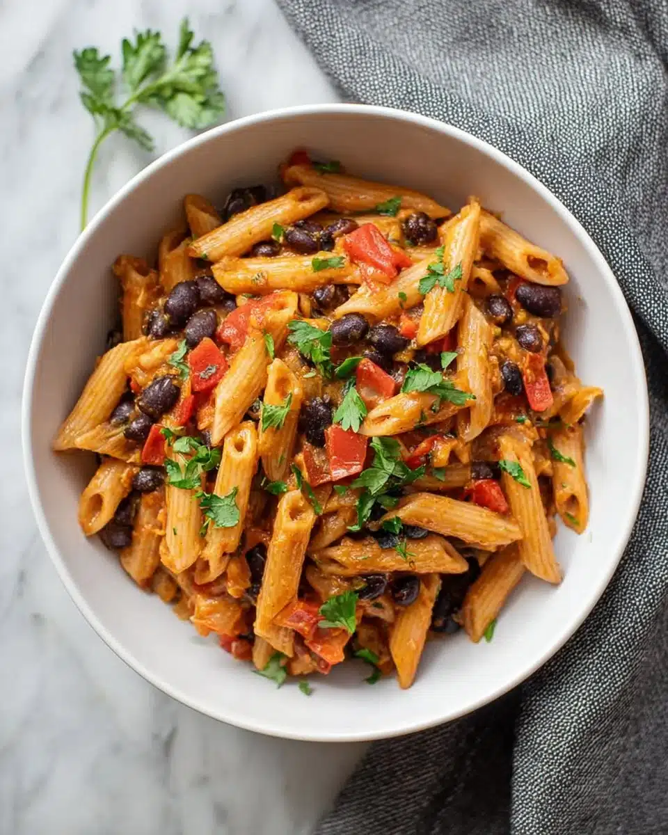 Plate of Black Bean Fajita Pasta with colorful vegetables and spices