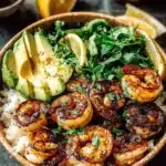 Delicious blackened shrimp bowl with fresh vegetables and spices