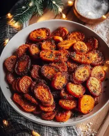 Brown Sugar Baked Carrots served on a plate with herbs
