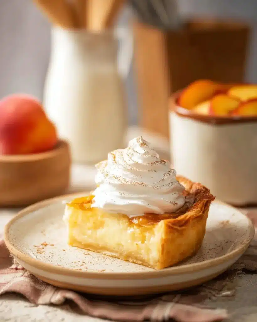 A slice of buttermilk pie topped with whipped cream and a cherry on a plate.