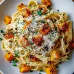 Delicious butternut squash and sage pasta dish garnished with herbs