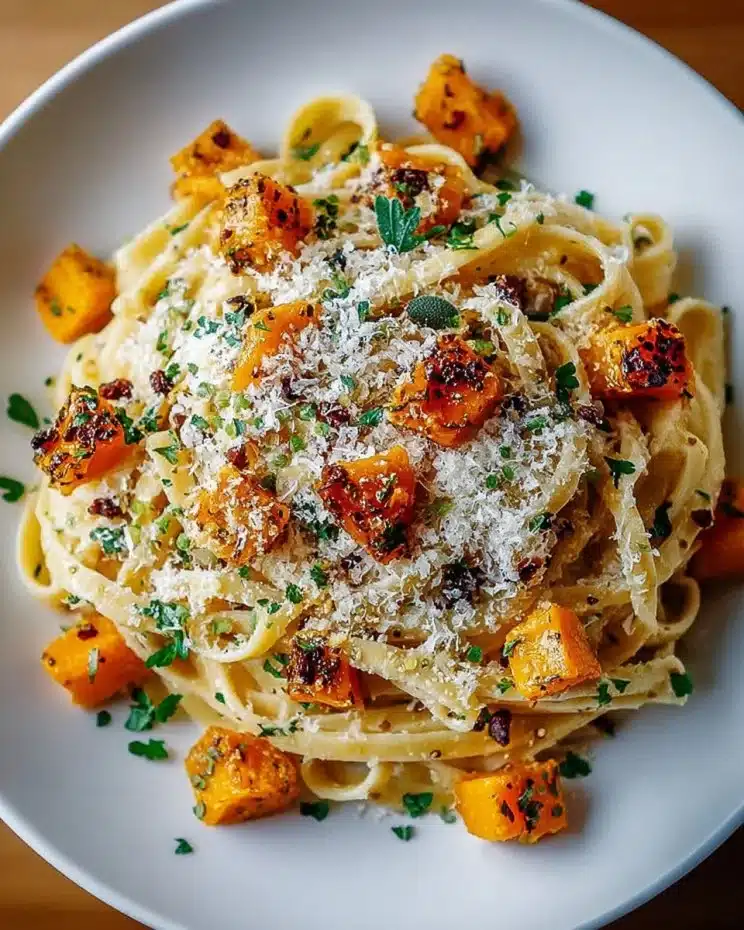 Delicious butternut squash and sage pasta dish garnished with herbs
