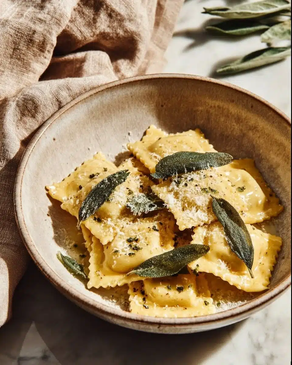 Delicious homemade butternut squash ravioli served with sage butter sauce