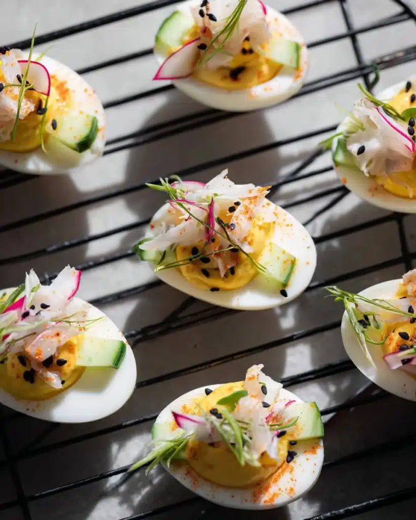 Plate of California Roll Deviled Eggs garnished with avocado and seafood