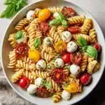 Colorful Caprese Pasta Salad with tomatoes, mozzarella, and basil