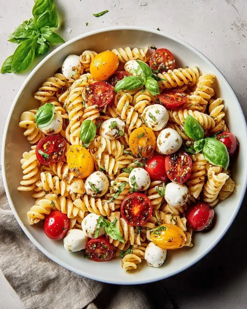 Colorful Caprese Pasta Salad with tomatoes, mozzarella, and basil
