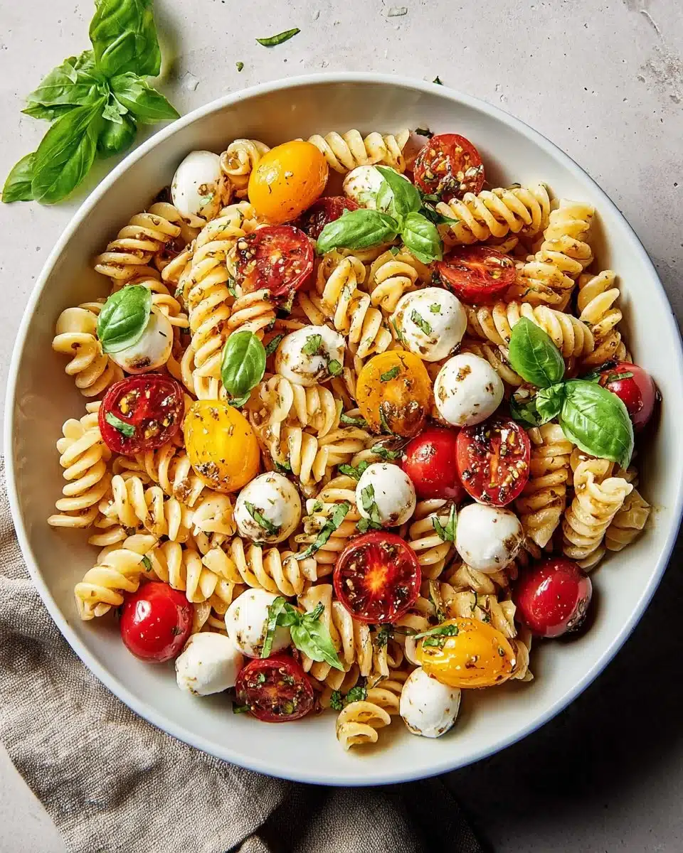 Colorful Caprese Pasta Salad with tomatoes, mozzarella, and basil