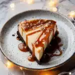 Slice of caramel apple cheesecake topped with caramel drizzle and apple slices