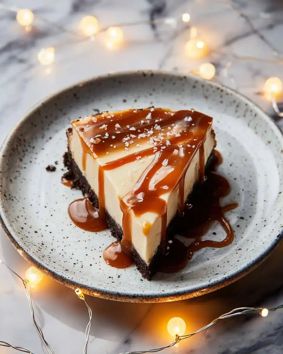 Slice of caramel apple cheesecake topped with caramel drizzle and apple slices