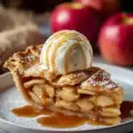 Delicious caramel apple pie with apples and caramel topping on a flaky crust.