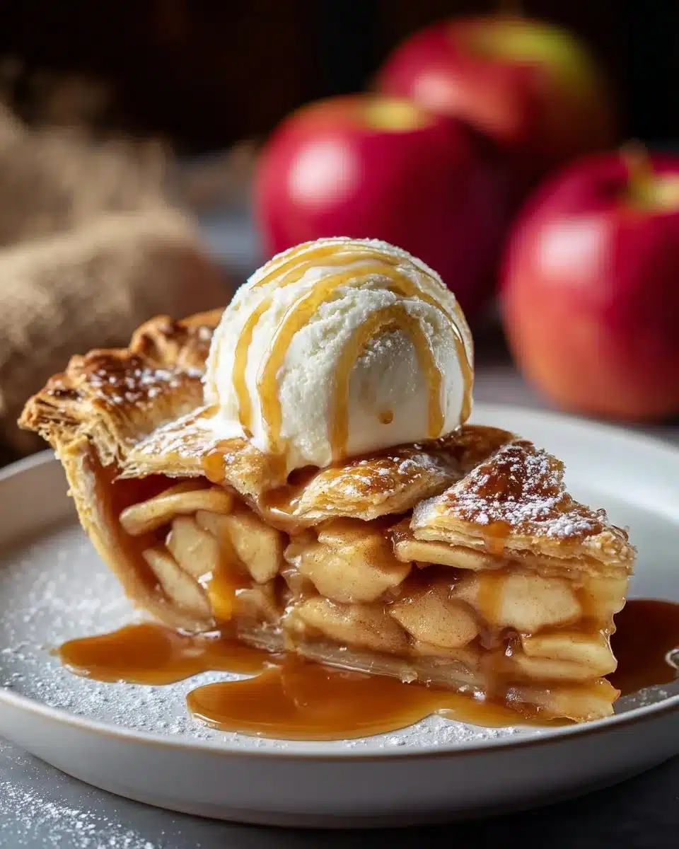 Delicious caramel apple pie with apples and caramel topping on a flaky crust.