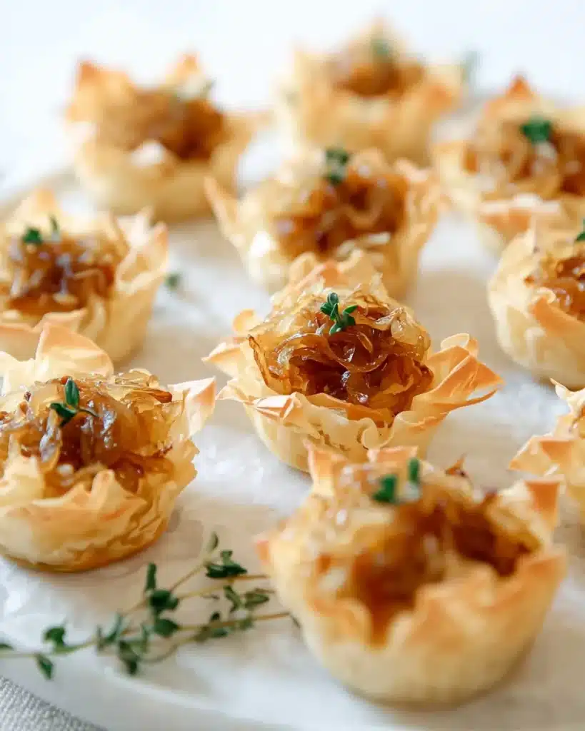 Caramelized onion tartlets topped with brie cheese, a delectable appetizer.