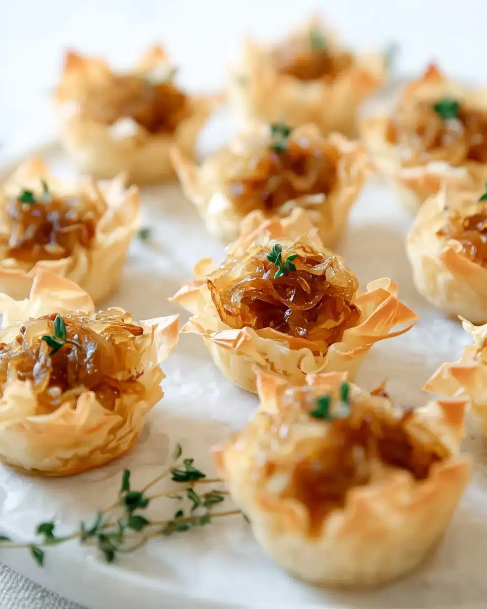 Caramelized onion tartlets topped with brie cheese, a delectable appetizer.